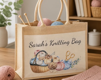 Personalised Crochet Knitting Jute Tote Bag, Ideal for Sewing, Crochet - Perfect Gift for Her, Mothers day Gift, Birthday Gift