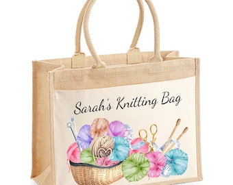 Personalised Crochet Knitting Jute Tote Bag, Ideal for Sewing, Crochet - Perfect Gift for Her, Mothers day Gift, Birthday Gift