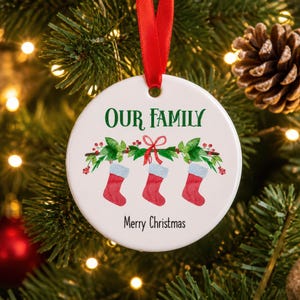 Lifestyle scene - Personalised Family Christmas Ornament, Hanging Stockings, Custom Bauble, Family Gift, First Family Christmas Decoration, Kids, Dog Pet Cat
