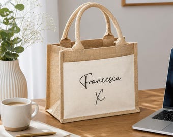 Personalised Jute Bag with Front Pocket, Any Name, Tote Bag, Lunch Bag, Bridesmaid, Gift Bag, Work Bag, Woman Bag, Office Bag, Mum, Shopper