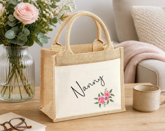 Personalised Floral Name Jute Bag with Front Pocket, Ideal Mothers Day Gift / Birthday Gift for Nanny, Grandma, Nan, Gran, Granny, Mum