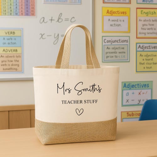 Personalised Teacher Bag with Custom Name, TA, Teaching Assistant, Nursery Staff End of Term Gift, Thank You Present Hessian Jute Tote Bag