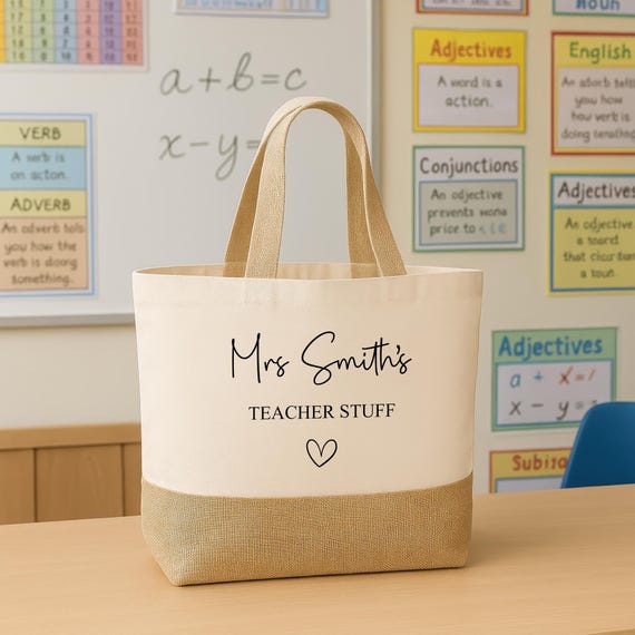 Personalised Teacher Bag with Custom Name, TA, Teaching Assistant, Nursery Staff End of Term Gift, Thank You Present Hessian Jute Tote Bag