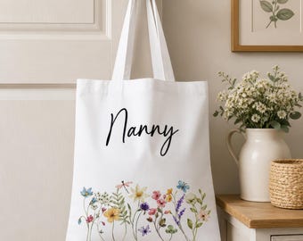 Personalised Floral Bag, Custom Nanny Tote Bag, Any Name, Floral Tote Bag, Teacher Gift, Mothers Day Gift, Mums Day, Nanny, Nan, Mum
