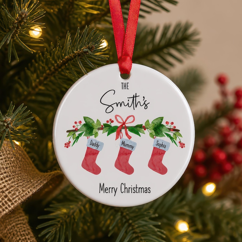Lifestyle scene - Personalised Family Christmas Ornament, Hanging Stockings, Custom Bauble, Family Gift Decor, First Family Christmas Decoration, Names, 2026