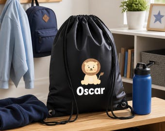 Personalised Lion Drawstring Bag for Kids - PE Kit / Gym / Swimming Bag - Ideal for Nursery and Primary School Boys and Girls