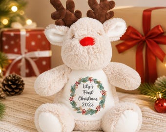 Personalised First Christmas Teddy, Reindeer Soft Toy, Baby 1st Christmas Gift, Custom Cuddly Toy, Baby's First Xmas, New Baby Gift Any Name