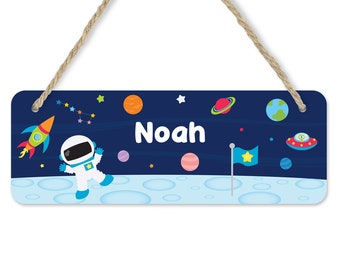 Personalised Bedroom Door Sign - Custom Space Themed Kids Bedroom Decor, Add Any Name or Text, Wooden Wall Plaque, New Baby Nursery Decor