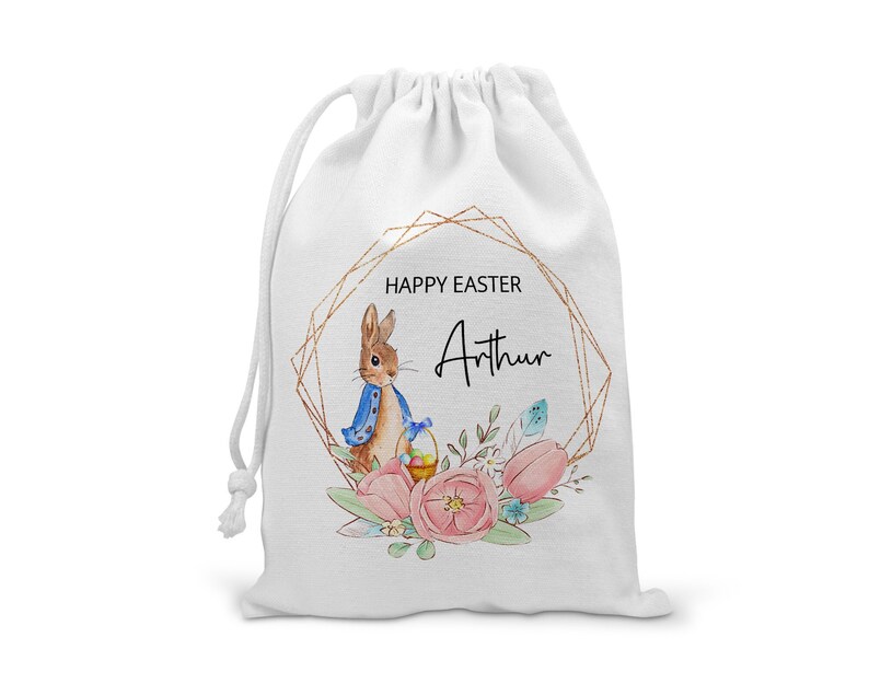 Personalised Easter Bag, Custom Easter Gift, Easter Egg Sack, Easter Bunny Treat Bag, Easter Decoration, Kids Easter Egg Hunt Basket, Rabbit Blue