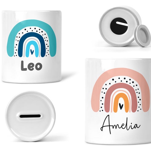 Personalised Rainbow Money Box Boho or Blue Ceramic Piggy Etsy UK