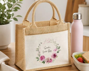 Personalised Floral Lunch Jute Tote Bag with Pocket, Name Lunch Bag, Eco Friendly Lunch Bag, Mothers Day Gift Woman, Mum, Grandma, Nanny