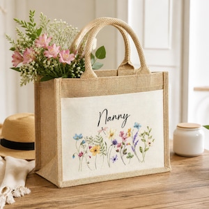 Personalised Jute Bag, Custom Large Shopping Tote Bag with Pocket Birthday / Mothers Day Gift Women, Grandma, Mum, Nanny, Granny, Floral