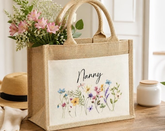 Personalised Jute Bag, Custom Large Shopping Tote Bag with Pocket Birthday / Mothers Day Gift Women, Grandma, Mum, Nanny, Granny, Floral