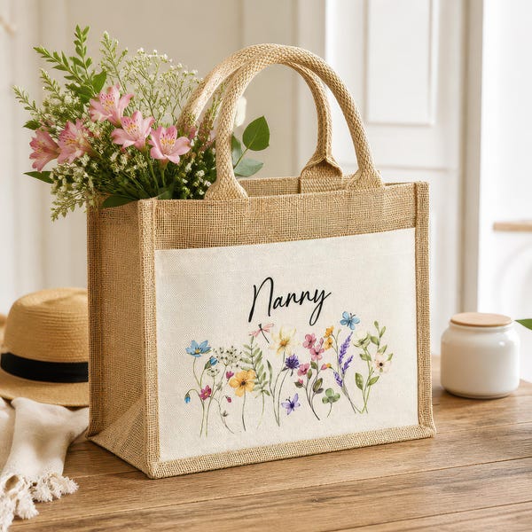 Personalised Jute Bag, Custom Large Shopping Tote Bag with Pocket Birthday / Mothers Day Gift Women, Grandma, Mum, Nanny, Granny, Floral