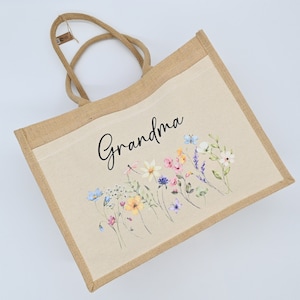 Personalised Jute Bag, Custom Large Shopping Tote Bag with Pocket Birthday / Mothers Day Gift Women, Grandma, Mum, Nanny, Granny, Floral image 6