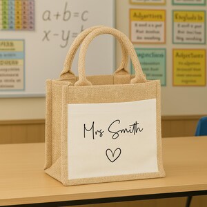 Bolsa de yute personalizada para profesores con nombre personalizado, asistentes de enseñanza, regalo de fin de curso para personal de guardería, regalo de agradecimiento. Small Pocket Jute