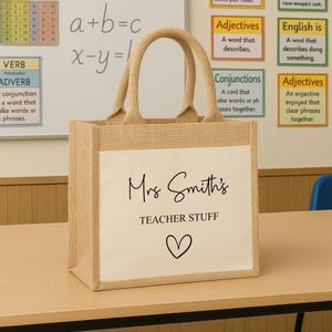 Bolsa de yute personalizada para profesores con nombre personalizado, asistentes de enseñanza, regalo de fin de curso para personal de guardería, regalo de agradecimiento. Medium Pocket Jute