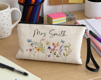 Personalised Teacher Pencil Case | Floral Design End of Term Gift | Teaching Assistant Thank You | Nursery Worker Present | School Gift
