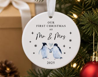 First Christmas as Mr & Mrs 2026 Bauble, 1st Xmas Married Ornament Keepsake, Couples Decoration, Newlywed, Gift for Wife, Husband, Penguin