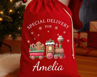 Personalised Christmas Santa Sack with Name - Extra Large Red Gift Bag - Gingerbread Train Design