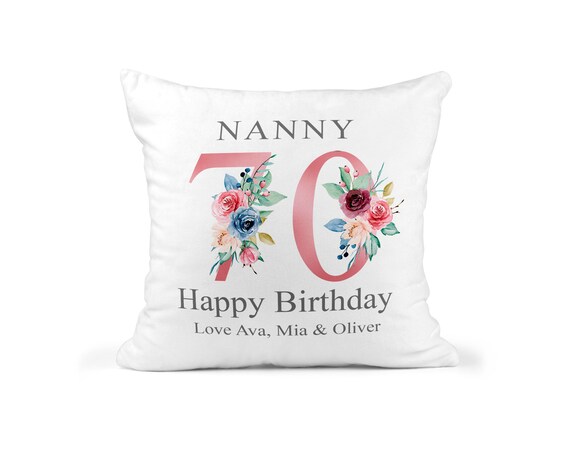 70th Birthday Gift for Women Personalised Cushion Pillow for Nanny with Kids Names Floral Design Birthday Gift for Grandma Gran 1951
