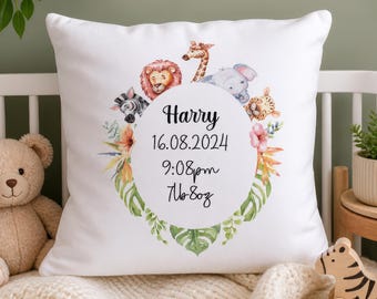 Personalised Safari Animal Cushion | Baby Birth Details Cushion | Safari Nursery Decor | New Baby Gift | Zoo Animal Decor | Nursery Cushion
