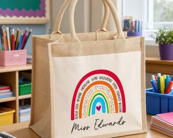 Personalised Teacher Bag with Rainbow & Custom Name, TA, Teaching Assistant, Nursery Staff End Term Gift Thank You Present Hessian Jute Tote