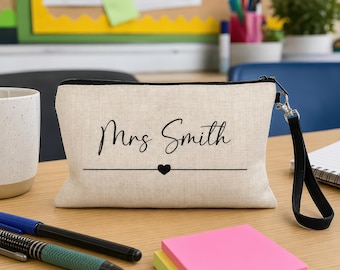 Personalised Teacher Pencil Case with Heart Line Design | End of Term Gift | Teaching Assistant Thank You | Nursery Worker Gift