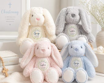 Personalised Christening Gift, Custom Baptism Gift, Bunny Teddy Bear Soft Toy Plush, Christening Gift for Boys, Baby Keepsake, Present