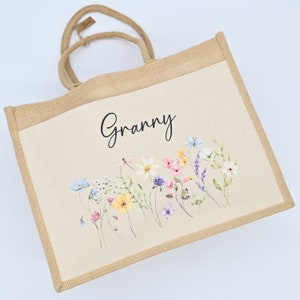 Personalised Jute Bag, Custom Large Shopping Tote Bag with Pocket Birthday / Mothers Day Gift Women, Grandma, Mum, Nanny, Granny, Floral image 9
