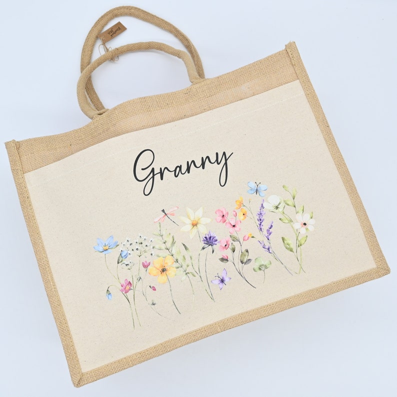 Personalised Jute Bag, Custom Large Shopping Tote Bag with Pocket Birthday / Mothers Day Gift Women, Grandma, Mum, Nanny, Granny, Floral image 9