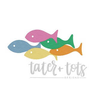 May include: A logo for a business called "Tater + Tots Designs" featuring five colorful fish silhouettes stacked on top of each other. The fish are pink, blue, green, orange, and yellow.
