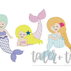 Mermaid Trio Motif Quick Stitch Machine Embroidery Design file digital download size 4x4, 5x7, 8x8 Sketch, Quick Stitch