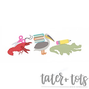Back to School Swamp Animals Machine Embroidery Design file digital download size 5x7, 8x8 Sketch, Quick Stitch