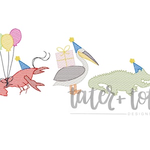 May include: Embroidered design featuring a red lobster wearing a party hat, a pelican wearing a party hat and holding a gift box, and a green alligator wearing a party hat. The design is titled "Tater + Tots Designs".