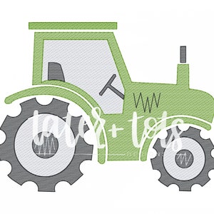 May include: Green tractor with black wheels and a white window. The tractor has the text "WWW" on the side.