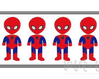 May include: Four red and blue cartoon Spider-Man characters in a row, with a gray frame around them. The characters are all wearing red and blue suits with a spider logo on the chest.