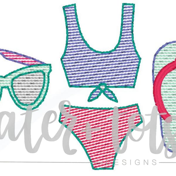 Sunglasses, Bikini, Flip Flips Trio Machine Embroidery Design file digital download size 4x4, 5x7, 8x8 Sketch, Quick Stitch