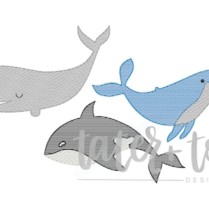 May include: Three embroidered whale designs. A gray whale with a smiling face, a blue whale with a gray belly, and a black and white orca whale.