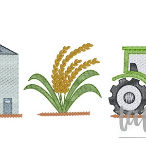 Silo, Rice, Tractor Trio Machine Embroidery Design file digital download size 5x7, 8x8 Sketch, Quick Stitch