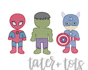 May include: Embroidered designs of three superhero characters: Spiderman in red and blue, Hulk in green, and Captain America in blue, red, and white, with a shield. The text "tater + tots designs" is below the characters.