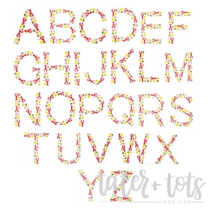 May include: An alphabet made of red, yellow, and brown lobster and crab illustrations. The letters are outlined in white. The text "Tater + Tots Designs" is at the bottom of the image.