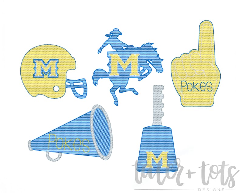 May include: Five embroidered patches featuring a football helmet, a cowboy riding a horse, a foam finger, a megaphone, and a cowbell. The patches are all in blue and yellow with the letter "M" and the word "Pokes" on them.