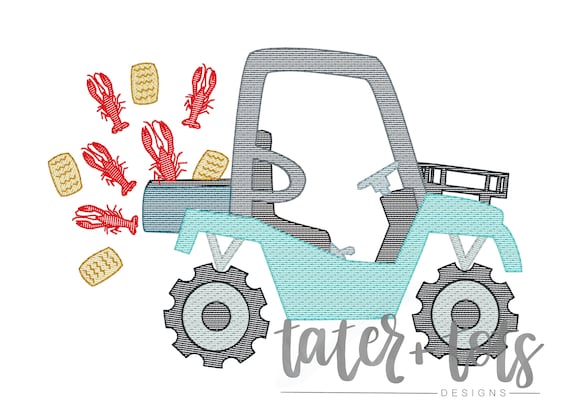 Side by side ATV Crawfish Embroidery Design file digital download size 5x7, 8x8 Sketch, Quick Stitch
