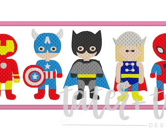 May include: A row of five embroidered superhero characters: Iron Man, Captain America, Batman, Thor, and Spiderman. The characters are all in their signature colors and costumes. The embroidery is on a pink background with the text "Tater Tots Designs" at the bottom.