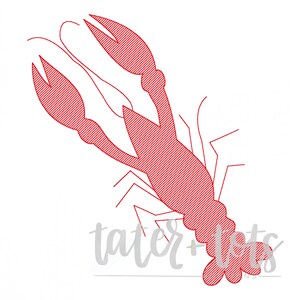 May include: Red silhouette of a crawfish with a hatched pattern. The crawfish is facing left and has its claws raised. The text "tater tots" is written in gray below the crawfish.