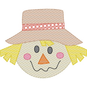 May include: A cartoon scarecrow face with a straw hat, yellow hair, orange nose, and pink cheeks.