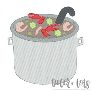 May include: A gray pot with a black ladle, filled with a brown liquid and various ingredients, including shrimp, okra, and red crawfish. The pot is on a white background with the text "tater + tots designs" below it.