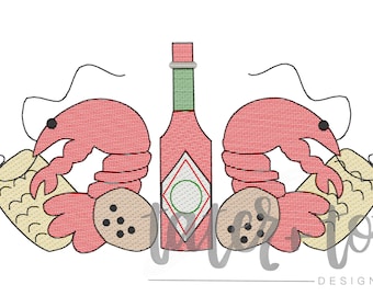 Crawfish and Hotsauce Quick Stitch Machine Embroidery Design file digital download size 4x4, 5x7, 8x8 Sketch, Quick Stitch