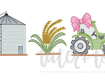 Silo, Rice, Tractor with Bow Machine Embroidery Design file digital download size 5x7, 8x8 Sketch, Quick Stitch